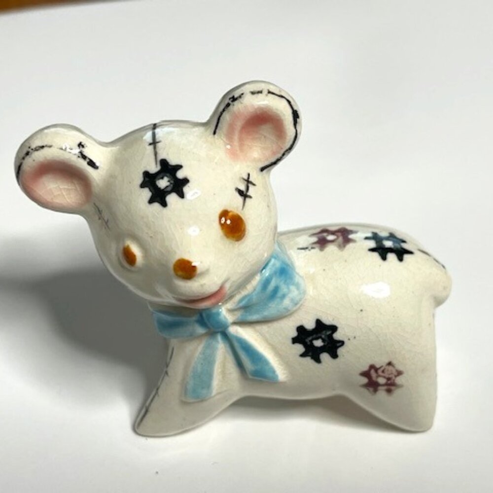VTG Cute Stuffed Bear Figurine on 4 Legs Ceramic Blue Ribbon Bow Japan 3"x1"